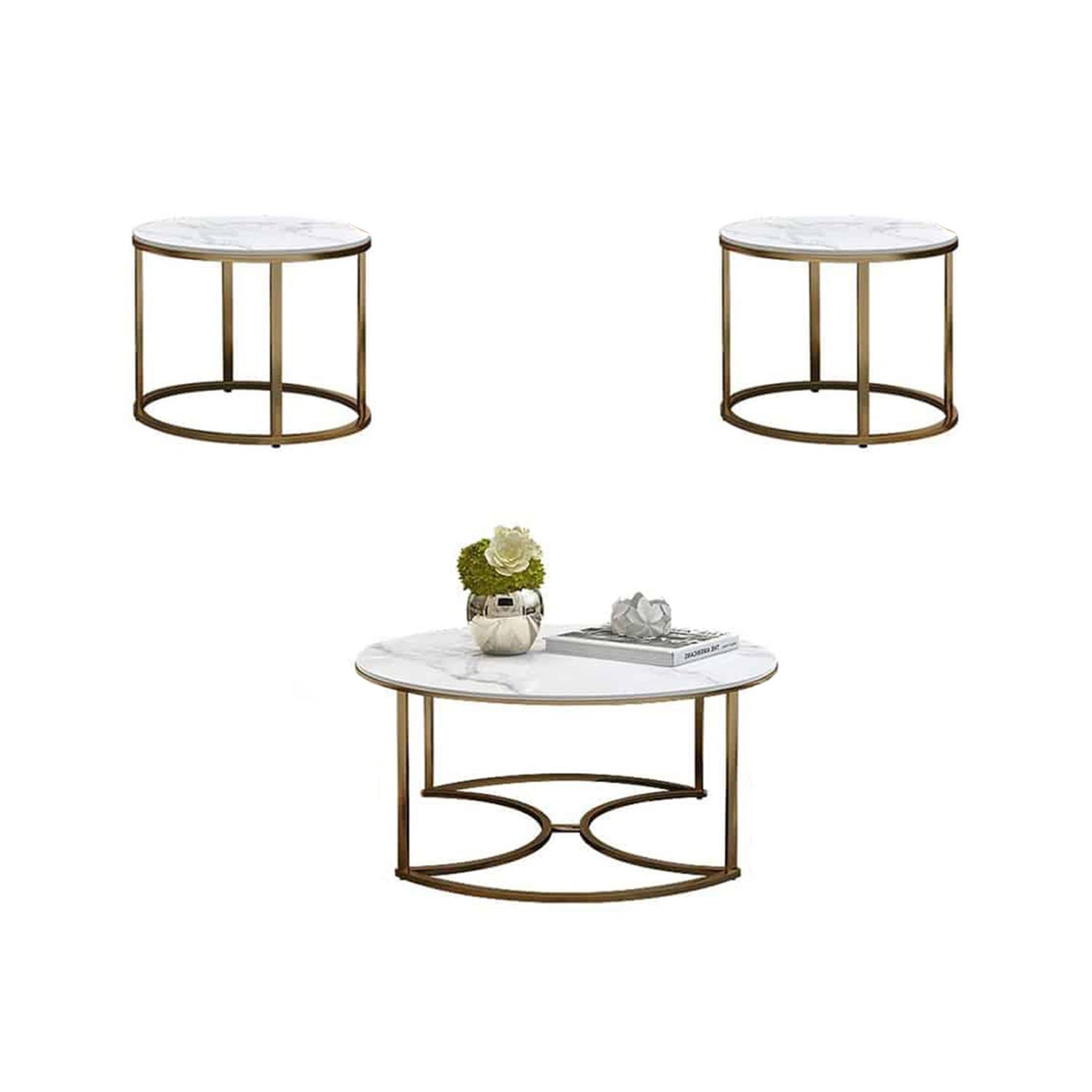 ⁦تربيزة وسط دائرية 3 قطع متداخلة بمعدن دهبى و قرصة رخام كرارة أبيض/ قطر 80 / 40 / 40 سم⁩ - الصورة ⁦2⁩